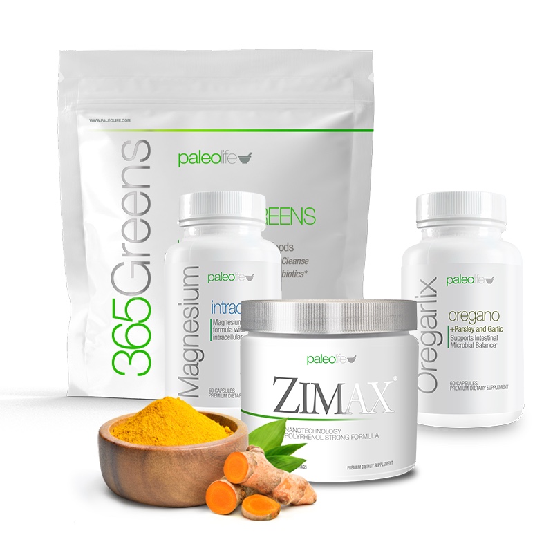 Four Paleo Life supplement bottles: Vitamin D3, Glutathione MT+Zinc, Magnesium, Anxietas stay calm with cherries and daisies.