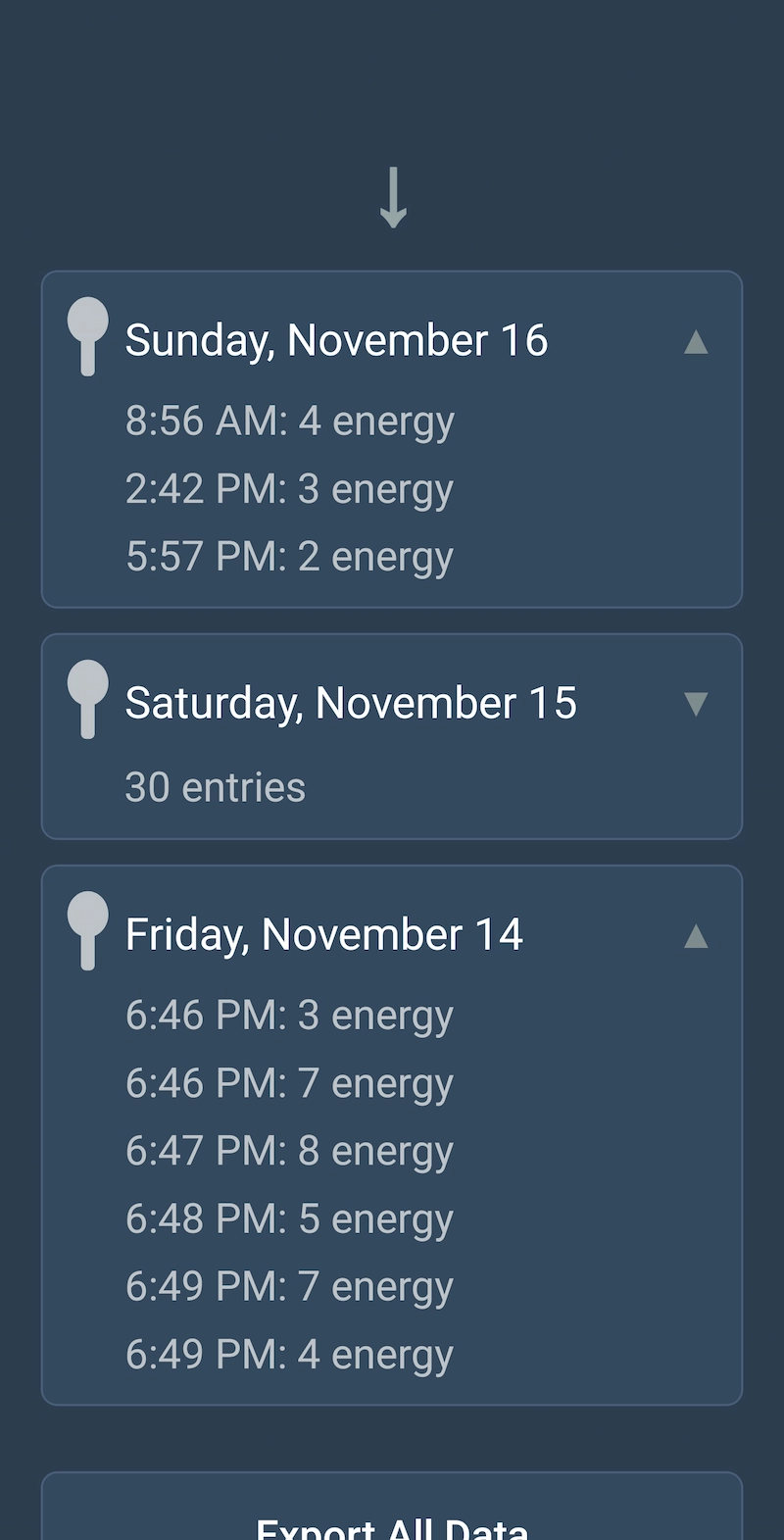 Spoons app 14-day energy history with CSV export button. Real usage data showing 30 warehouse shift logs on Saturday