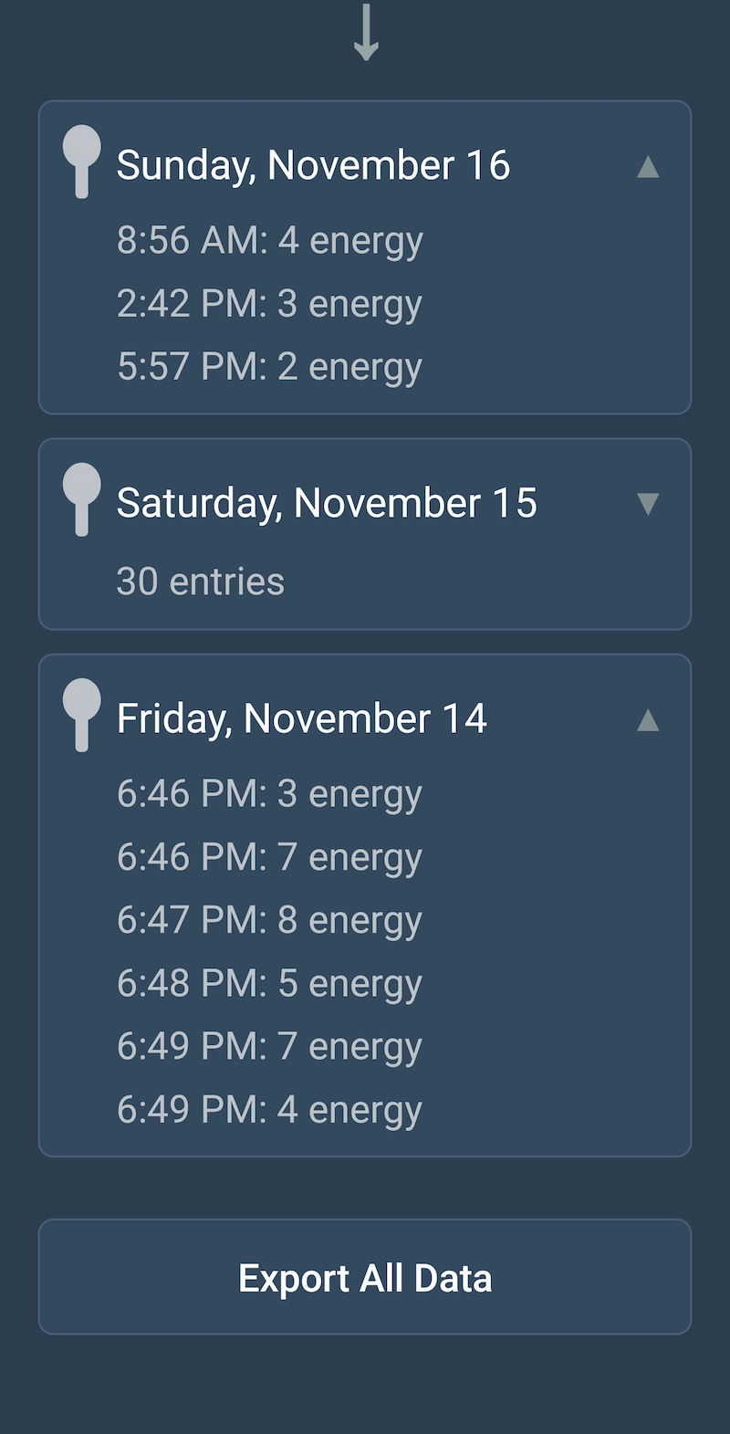 Spoons autism energy tracker local-first data storage with export functionality