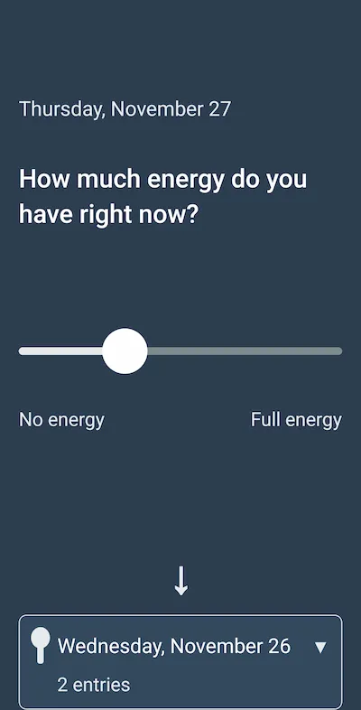 Spoons app interface showing a single slider asking "How much energy do you have right now?" with entry history below