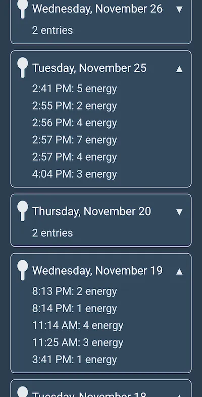 Spoons app 14-day energy history with CSV export button. Real usage data showing 30 warehouse shift logs on Saturday