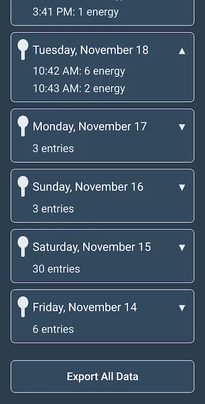 Spoons autism energy tracker local-first data storage with export functionality