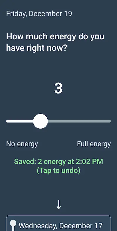 Spoons app 14-day energy history with CSV export button. Real usage data showing 30 warehouse shift logs on Saturday