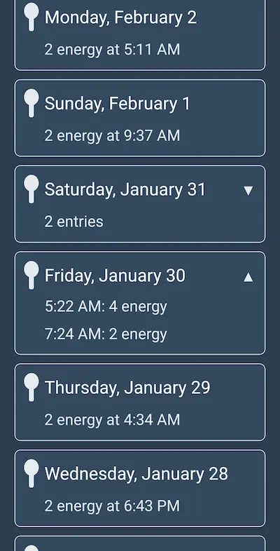 Spoons app 14-day energy history with CSV export button. Real usage data showing 30 warehouse shift logs on Saturday