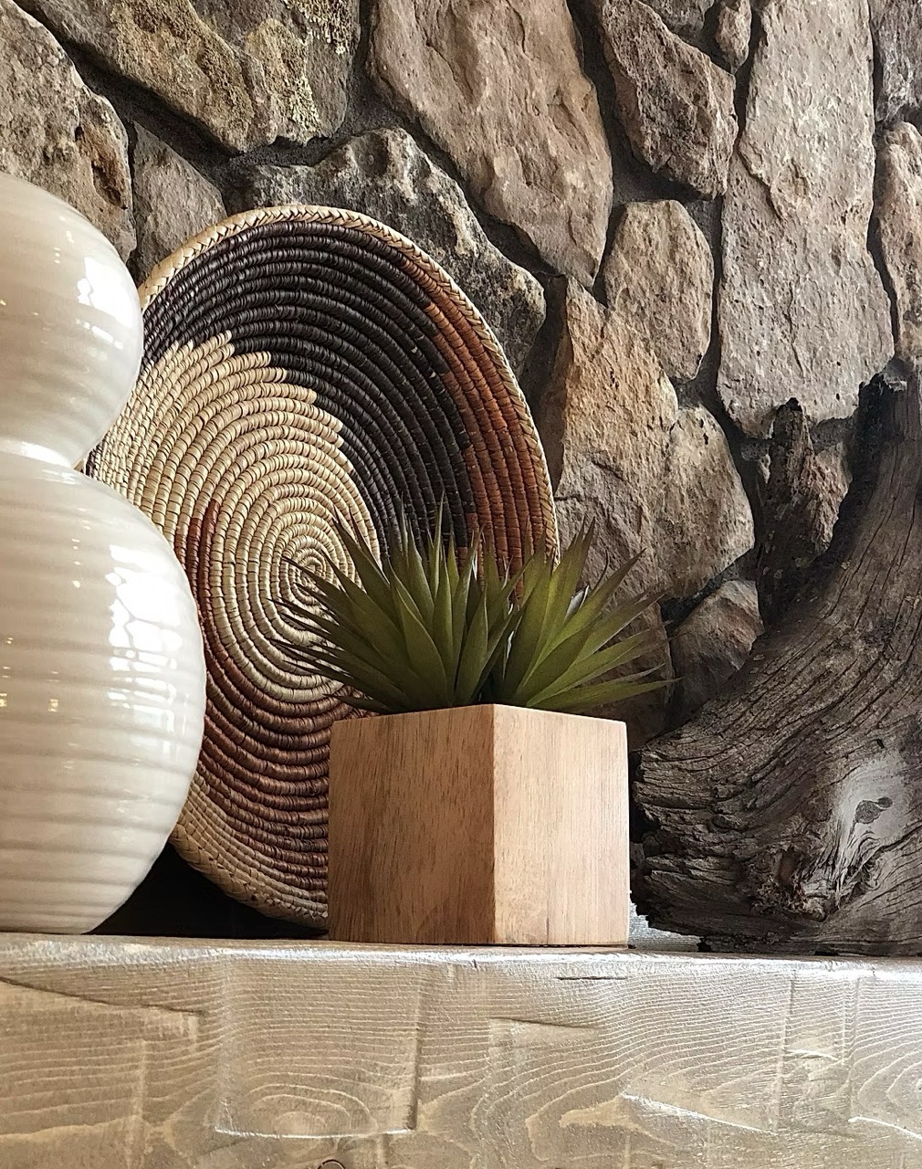 Close-up of home decor featuring natural textures and earthy tones.