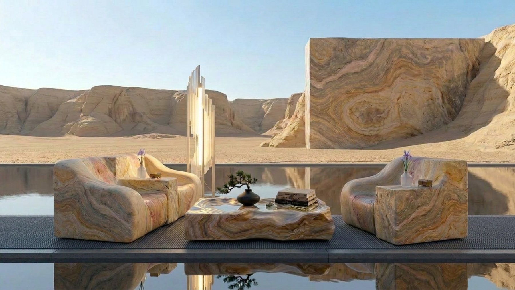 Erosion collection: two rounded armchairs and a low table in banded sandstone tones beside a reflecting pool in the desert