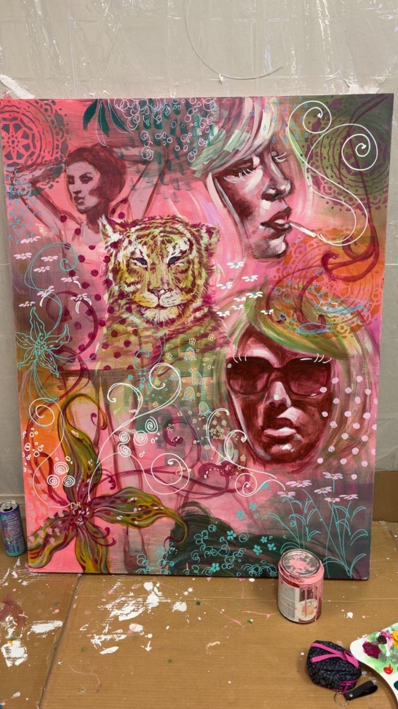 Polka Dot, unfinished: a leopard and several faces in pink, leaning against the wall with paint jars