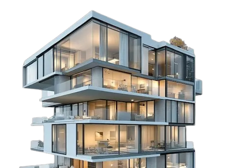 Modern multi-story residential building with large glass windows and illuminated interiors.