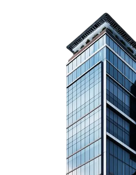 Modern glass office building with reflective blue windows and rooftop greenery, isolated on black background.