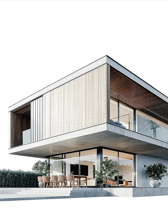 Modern two-story house with large glass windows, wood paneling on upper floor, outdoor dining area, and plants.