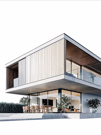 Modern two-story house with large glass windows, outdoor dining area, and minimalist architectural design.