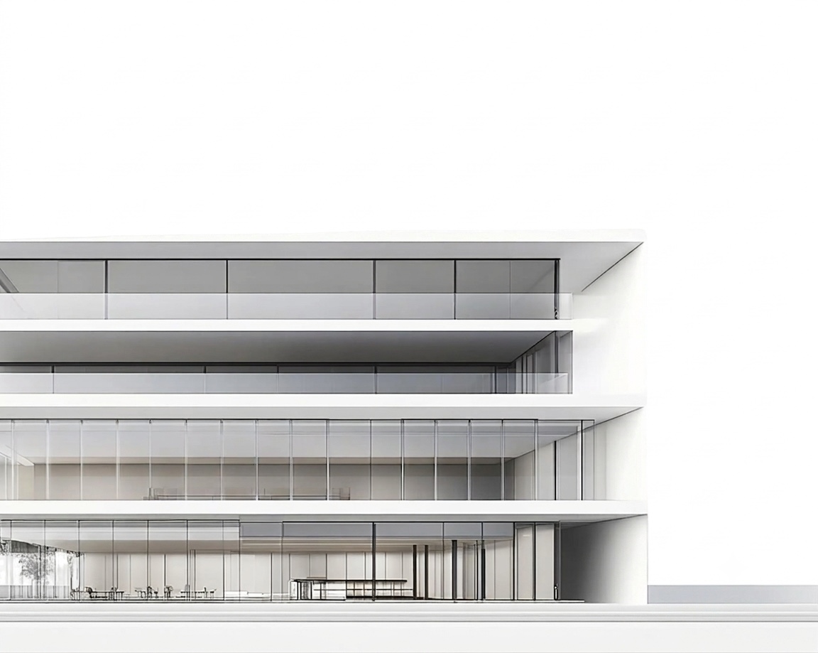 Modern white multi-story building with large glass windows and balconies, next to trees.