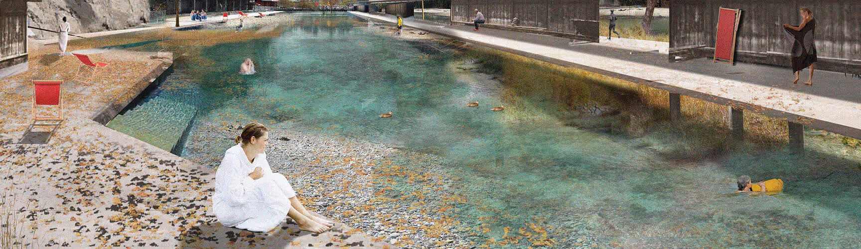 Ein langes Naturbad mit klarem Wasser. Menschen entspannen am Ufer in Bademänteln oder Liegestühlen unter freiem Himmel.