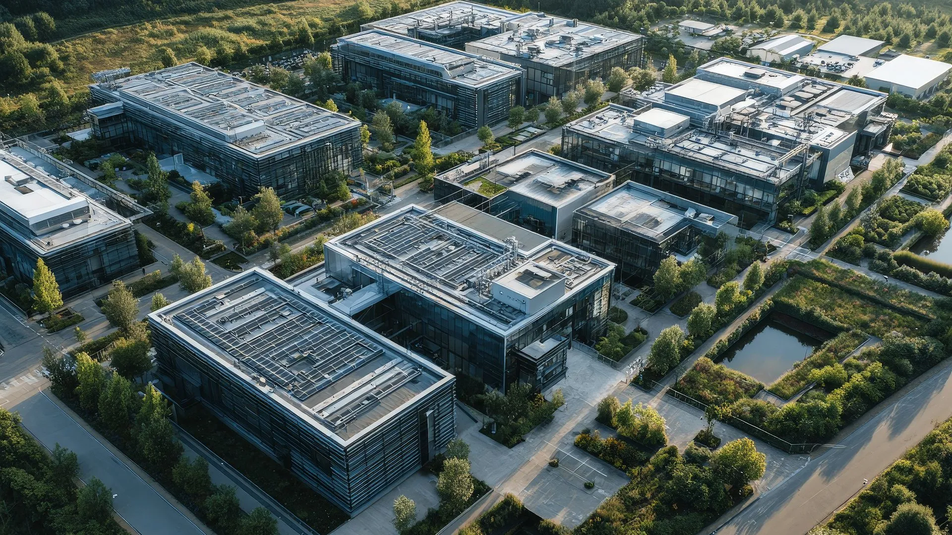 Aerial view of a modern data center complex with multiple buildings surrounded by trees and greenery.