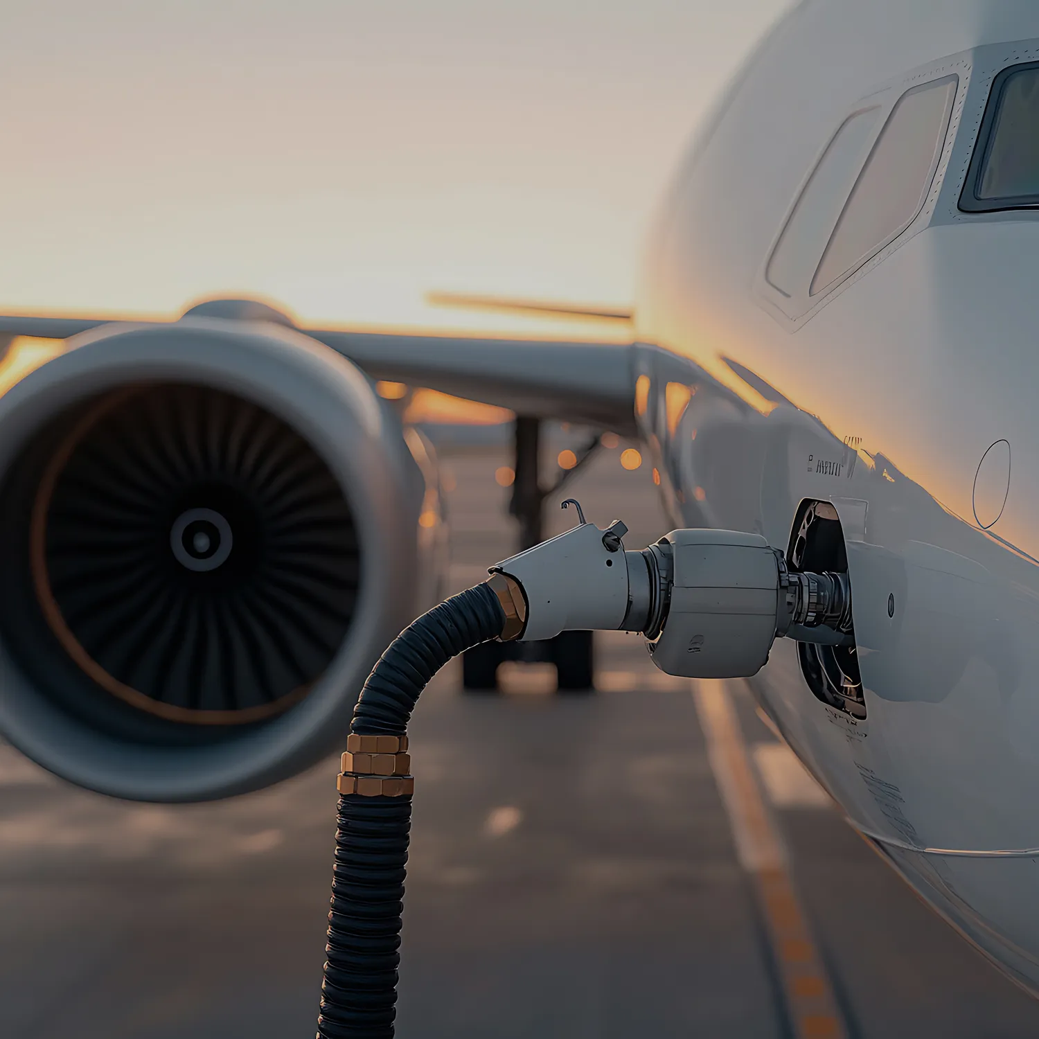 Aircraft being refueled at sunset with fuel hose attached to the plane's fuel port.
