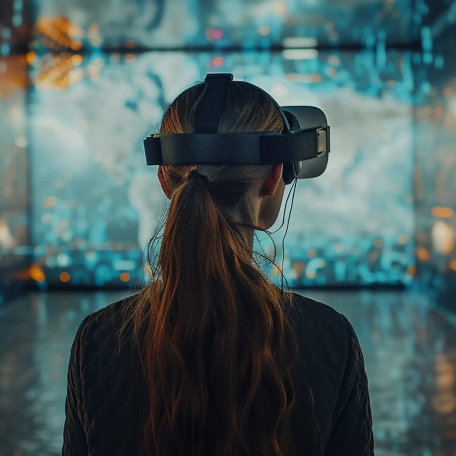 Back view of person with long hair wearing a virtual reality headset in a dimly lit room.