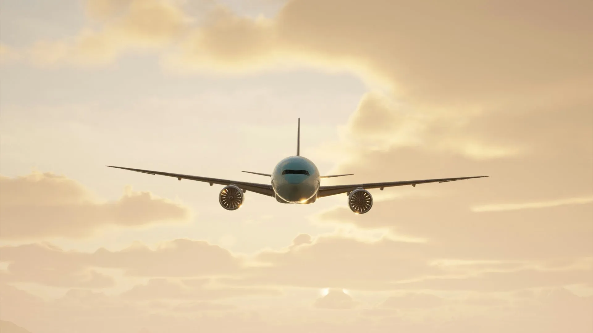 Commercial airplane flying directly towards viewer with golden sky and clouds in the background.