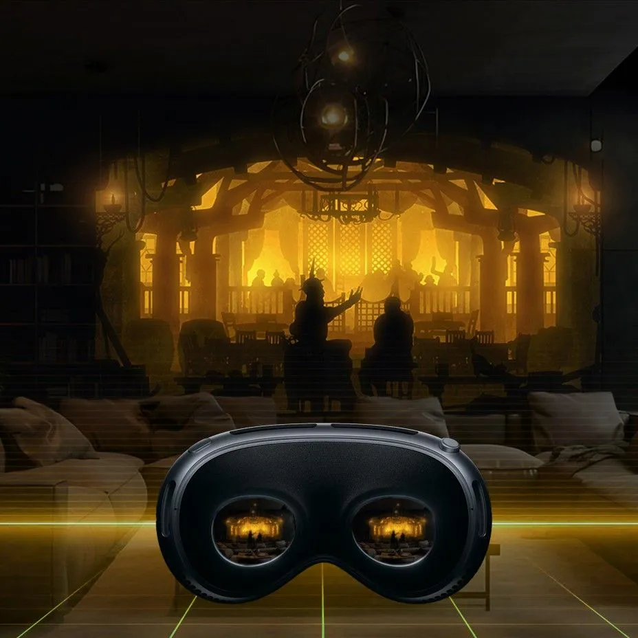 Virtual reality headset showing a warm, dimly lit scene with people and arches inside the lenses.