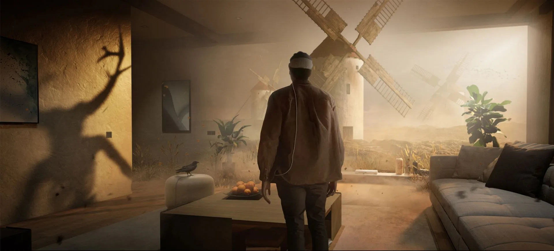 Person wearing VR headset standing in a living room with windmills and plants in the background.
