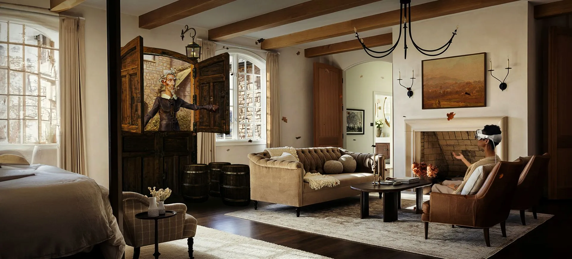 Person wearing VR headset interacts with floating leaves near couch in rustic living room with wooden beams.
