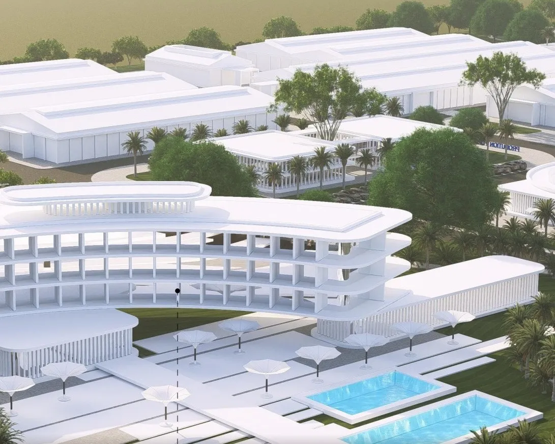 Modern white buildings with curved design, pools, walkways, and lush green trees around the complex.