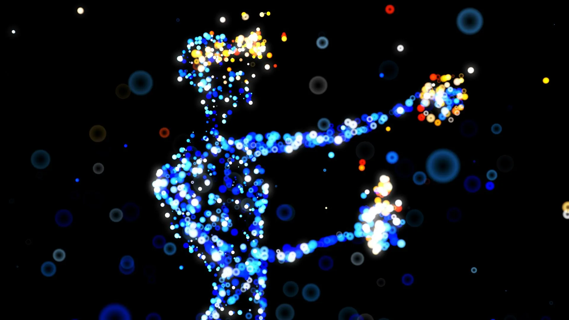Abstract figure of a person made of glowing blue, white, and orange dots on a black background.