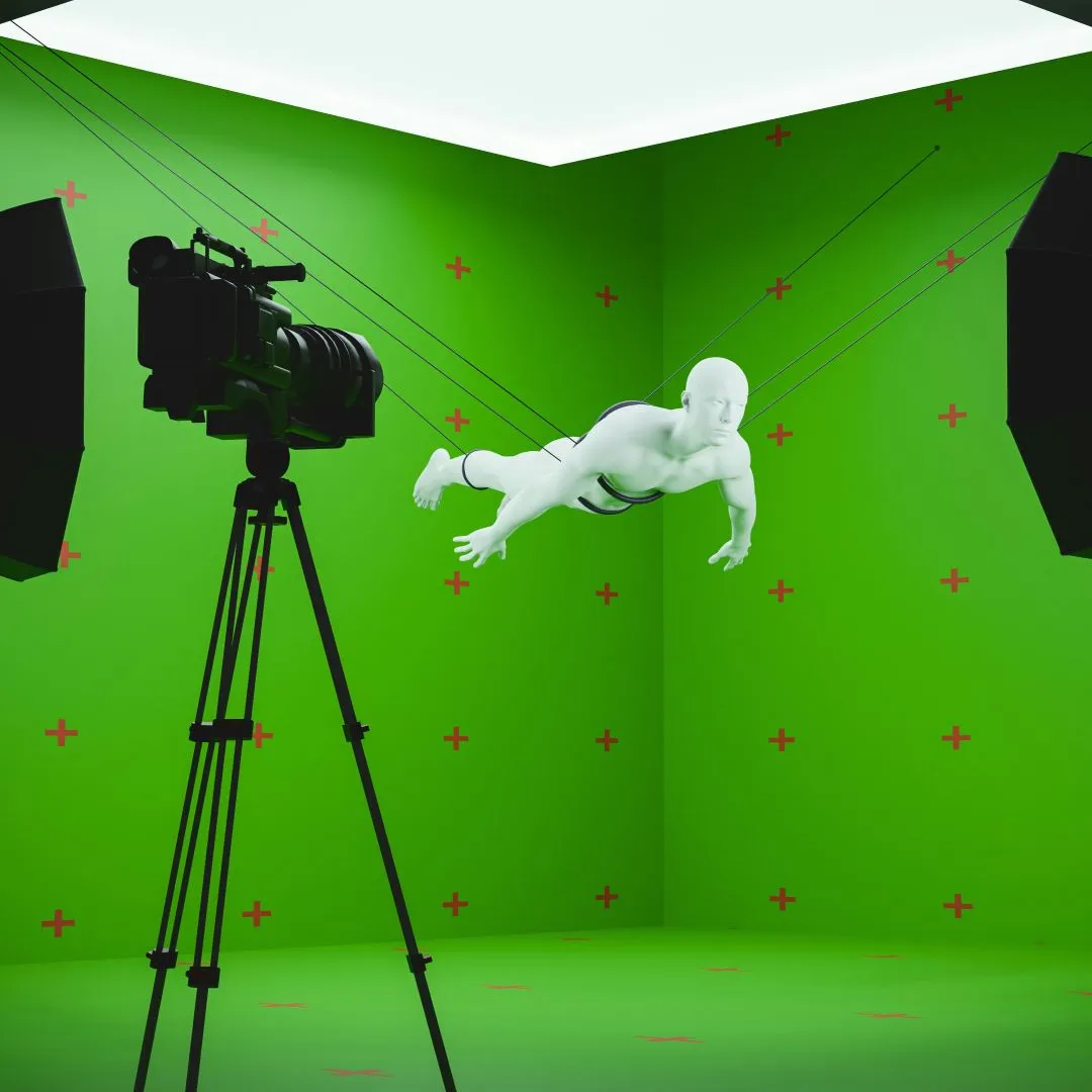 3D model of a suspended figure in a green screen studio with camera and lighting equipment.