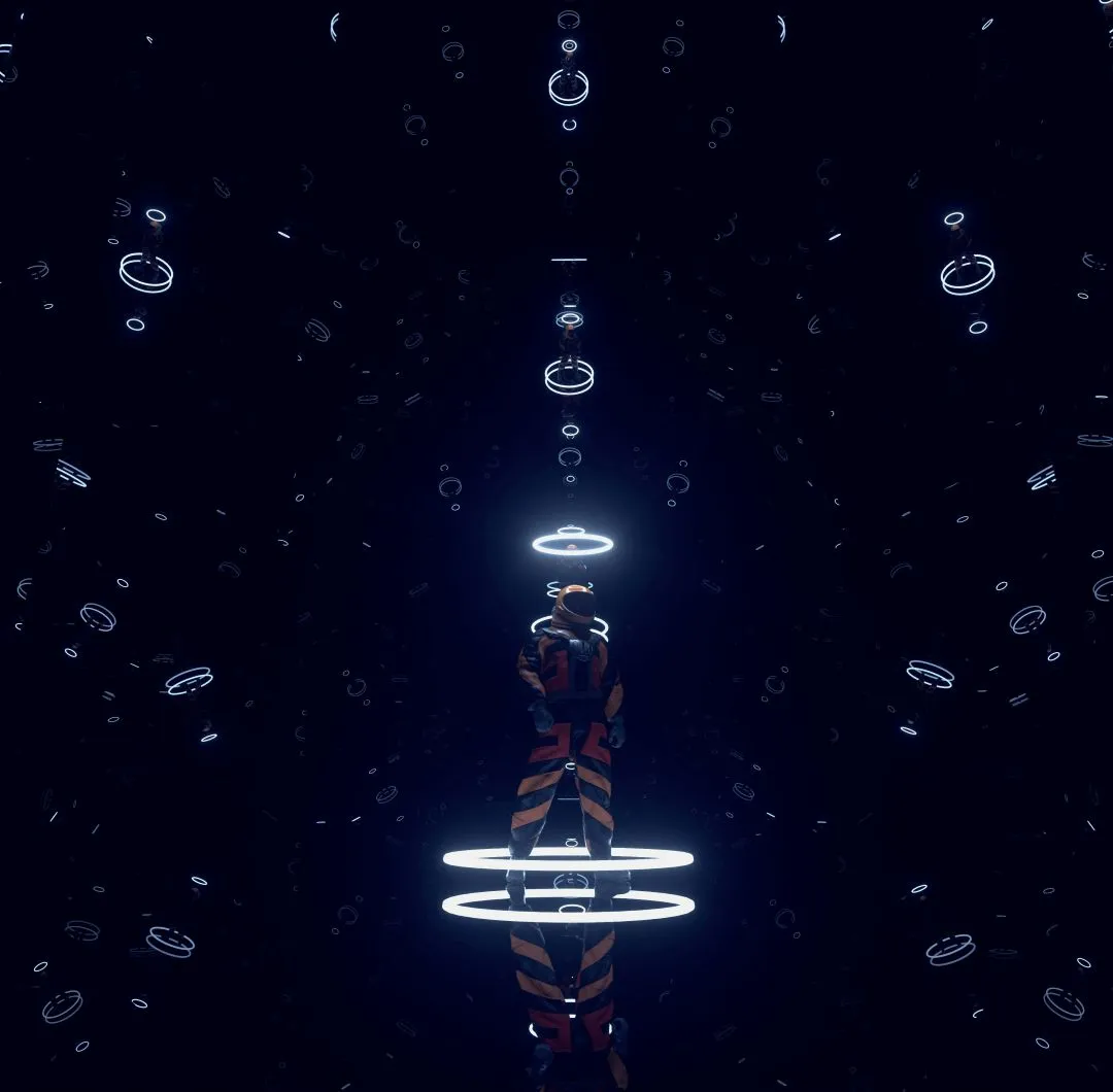 Person in a space suit standing among glowing white rings in a dark reflective space.