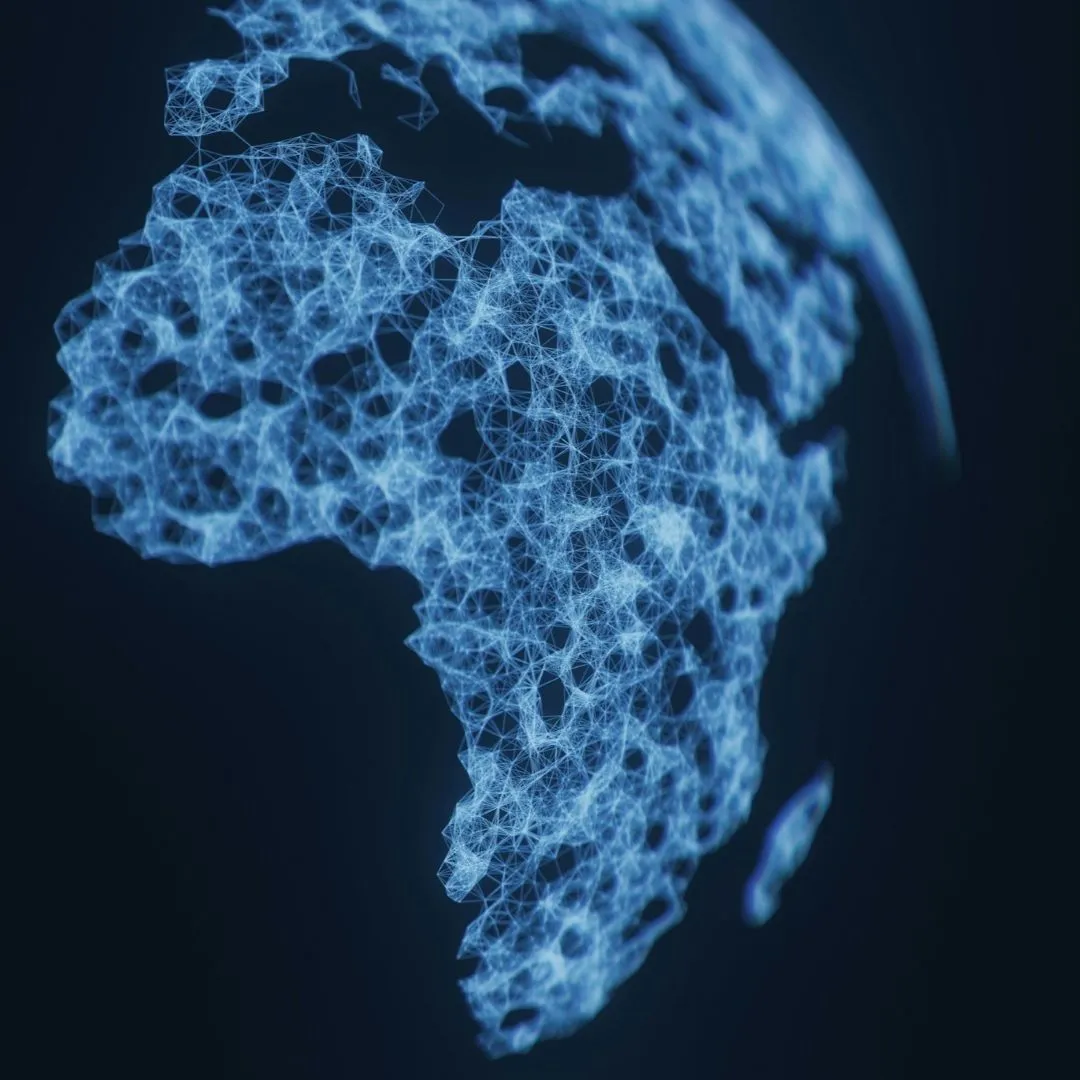 Digital blue network mesh forming a glowing 3D map of Africa on a dark background.