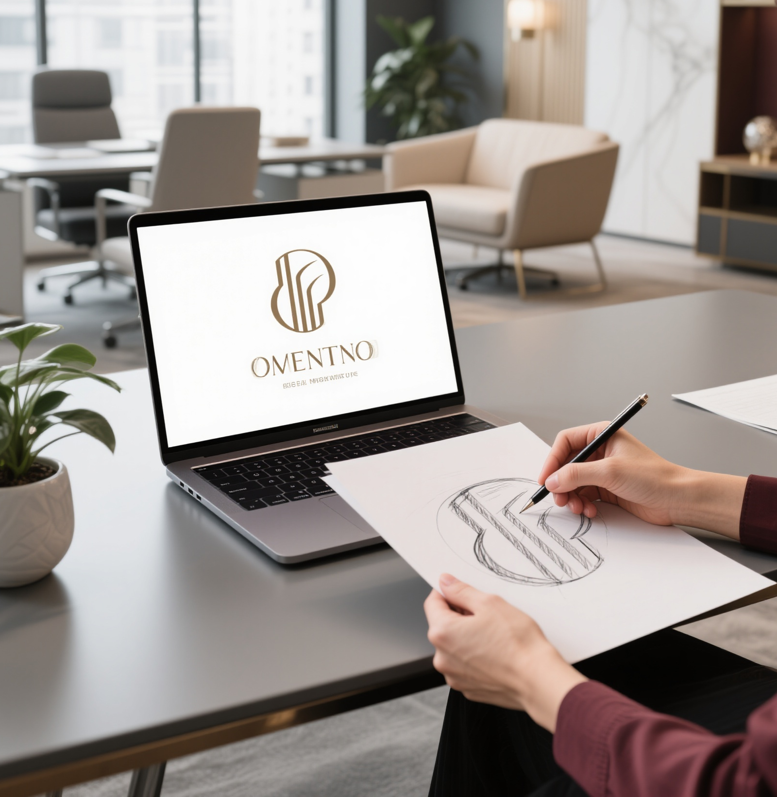 Image of a logo being sketched and displayed