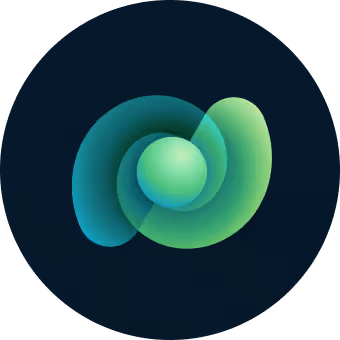 Abstract 3D shape with intertwined, curved green and blue forms surrounding a central sphere on a dark background.