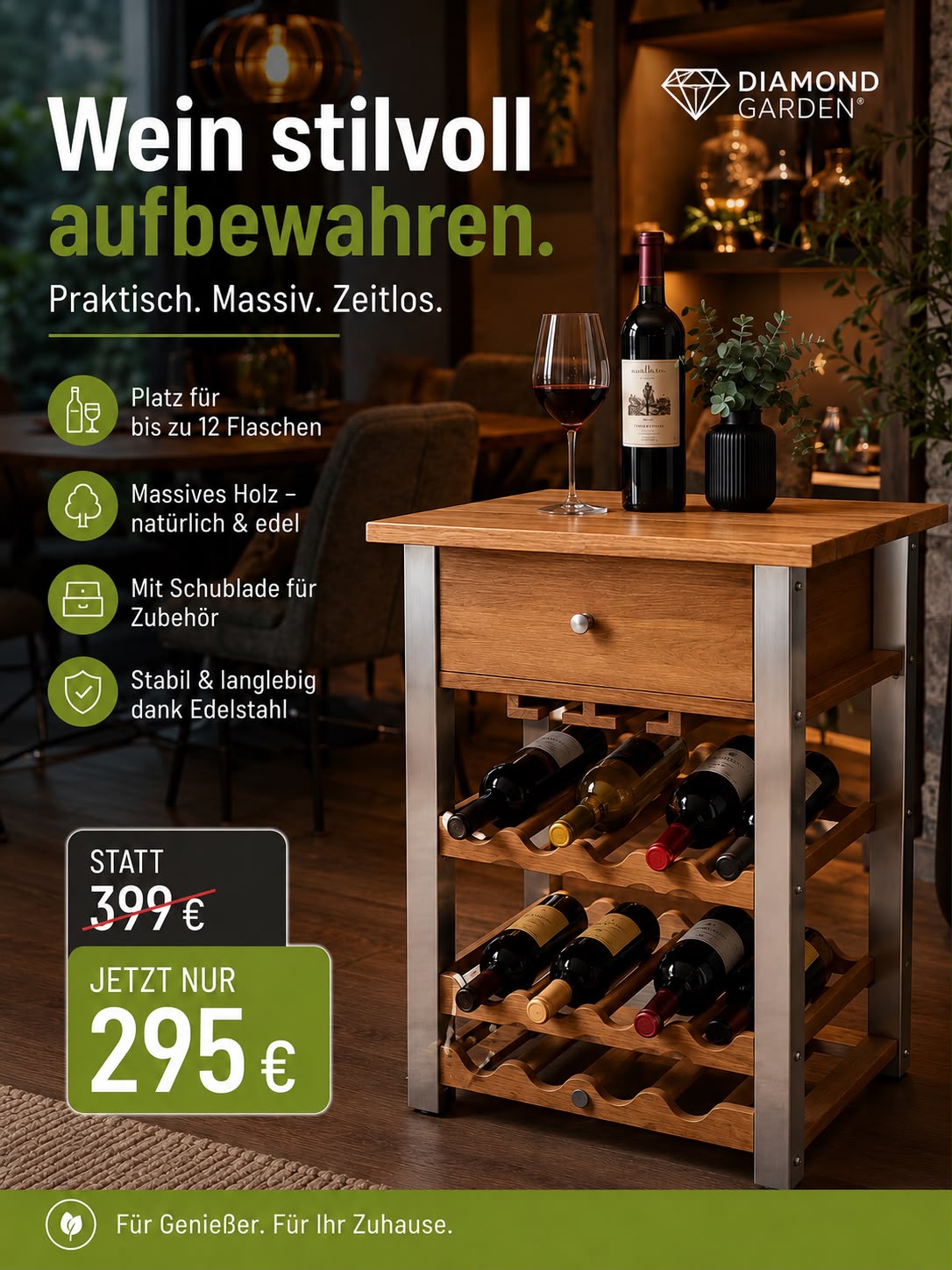 Weinregal Teak mit Edelstahl und Schublade