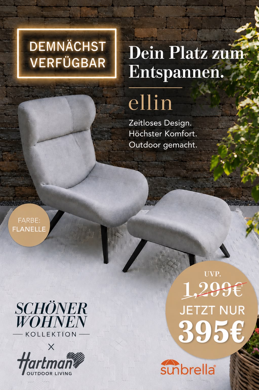 Ellin Loungestuhl mit Hocker Sunbrella flanelle