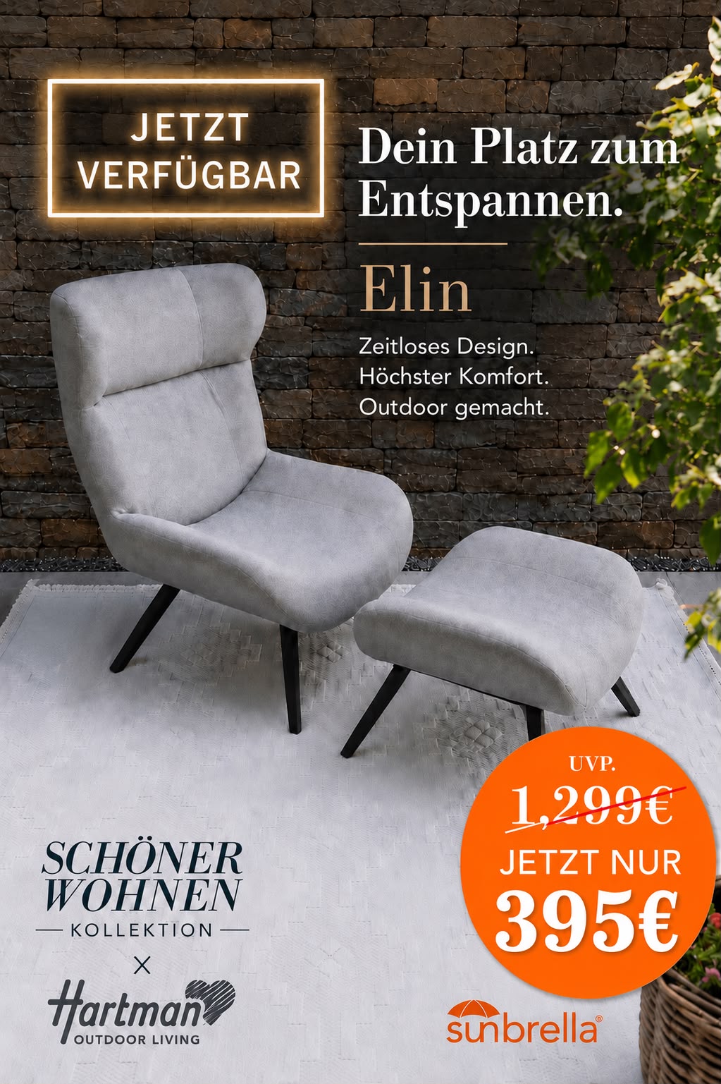Ellin Loungestuhl mit Hocker Sunbrella flanelle