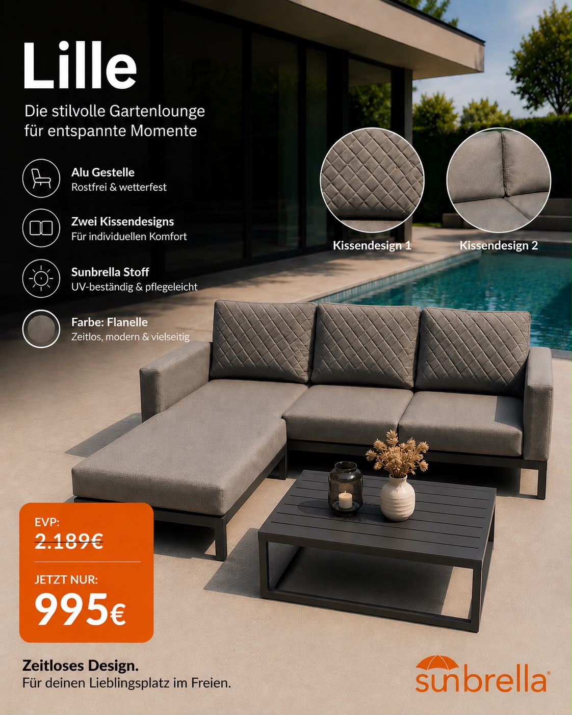 Lille Set mit Sunbrella Hocker rechts und links verwendbar