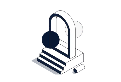 Illustration of a doorway on a platform symbolizing flexibility between on-premise and SaaS deployment models