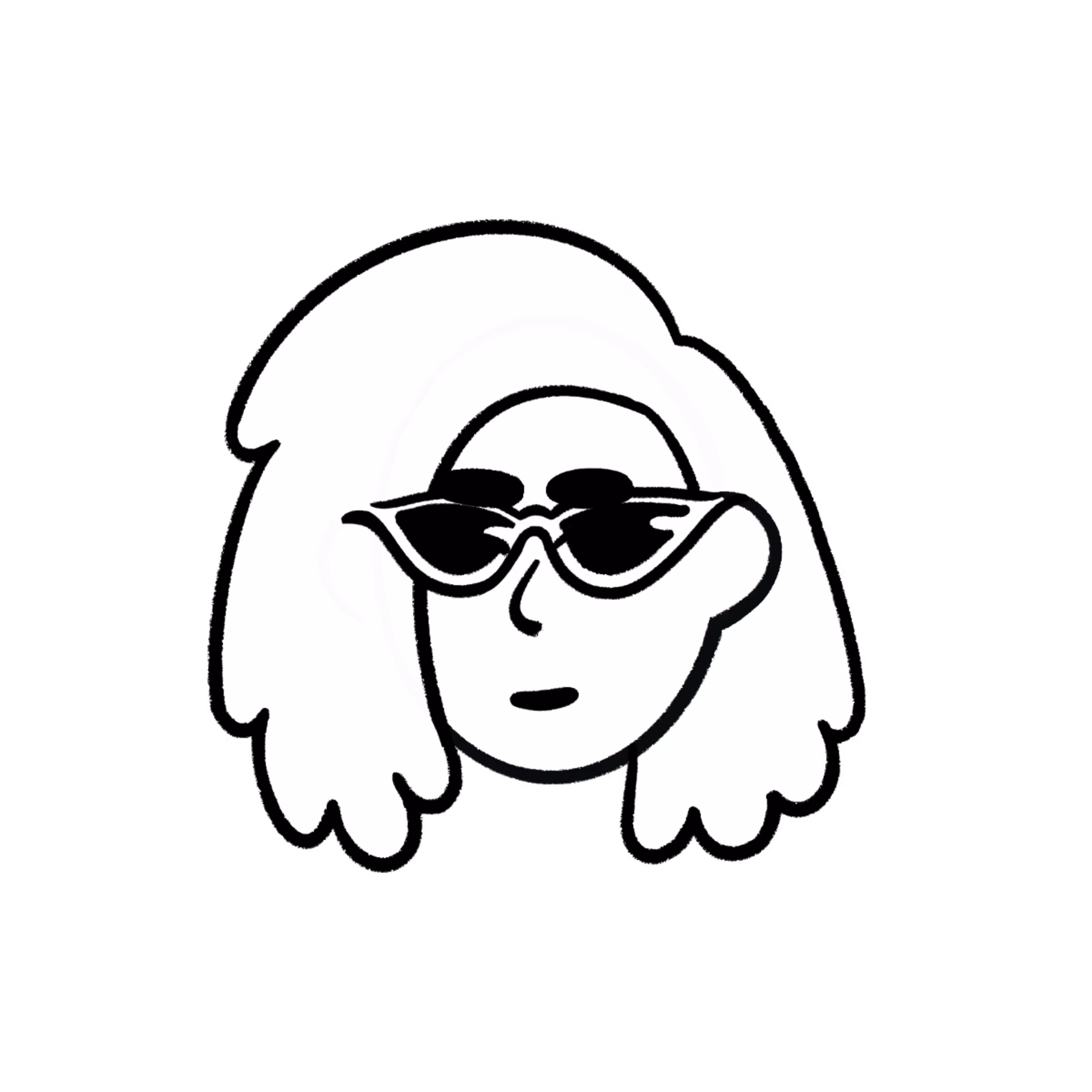 Black and white illustration of a person with voluminous hair wearing cat-eye sunglasses.