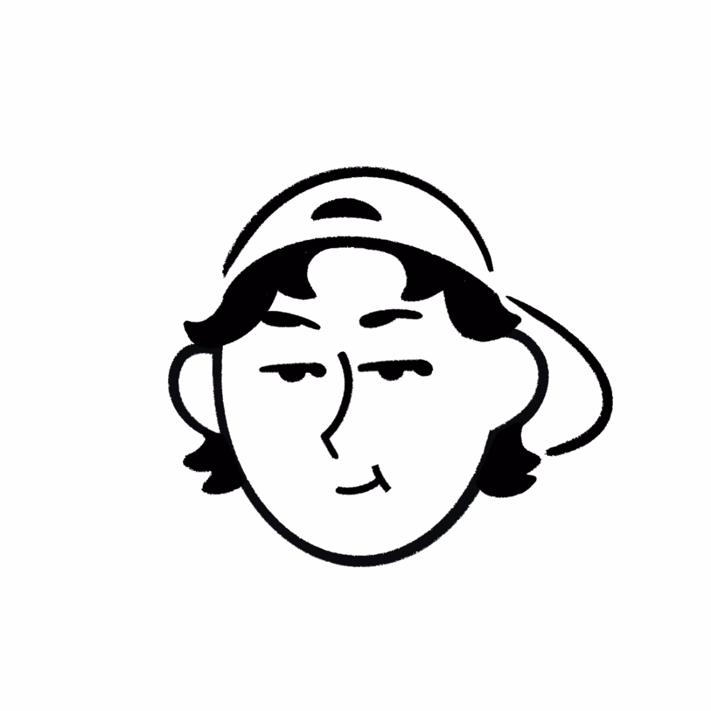 Black and white cartoon face of a person wearing a backward cap with a smirking expression.