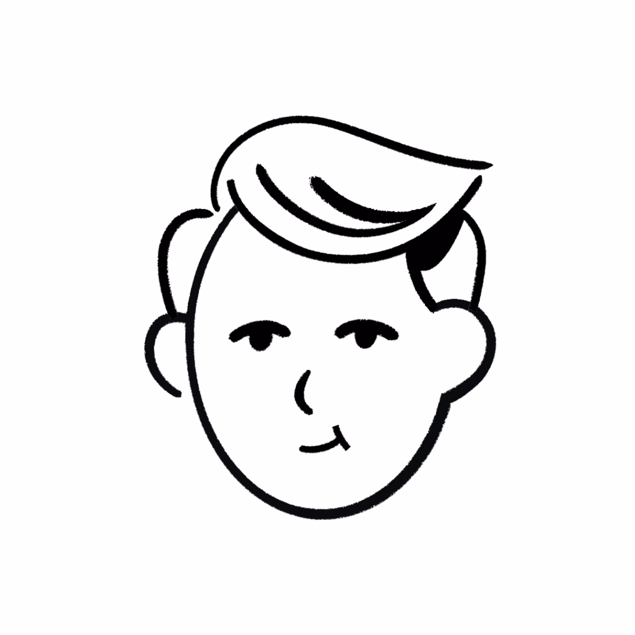 Black and white sketch of a smiling male face with swept hair.