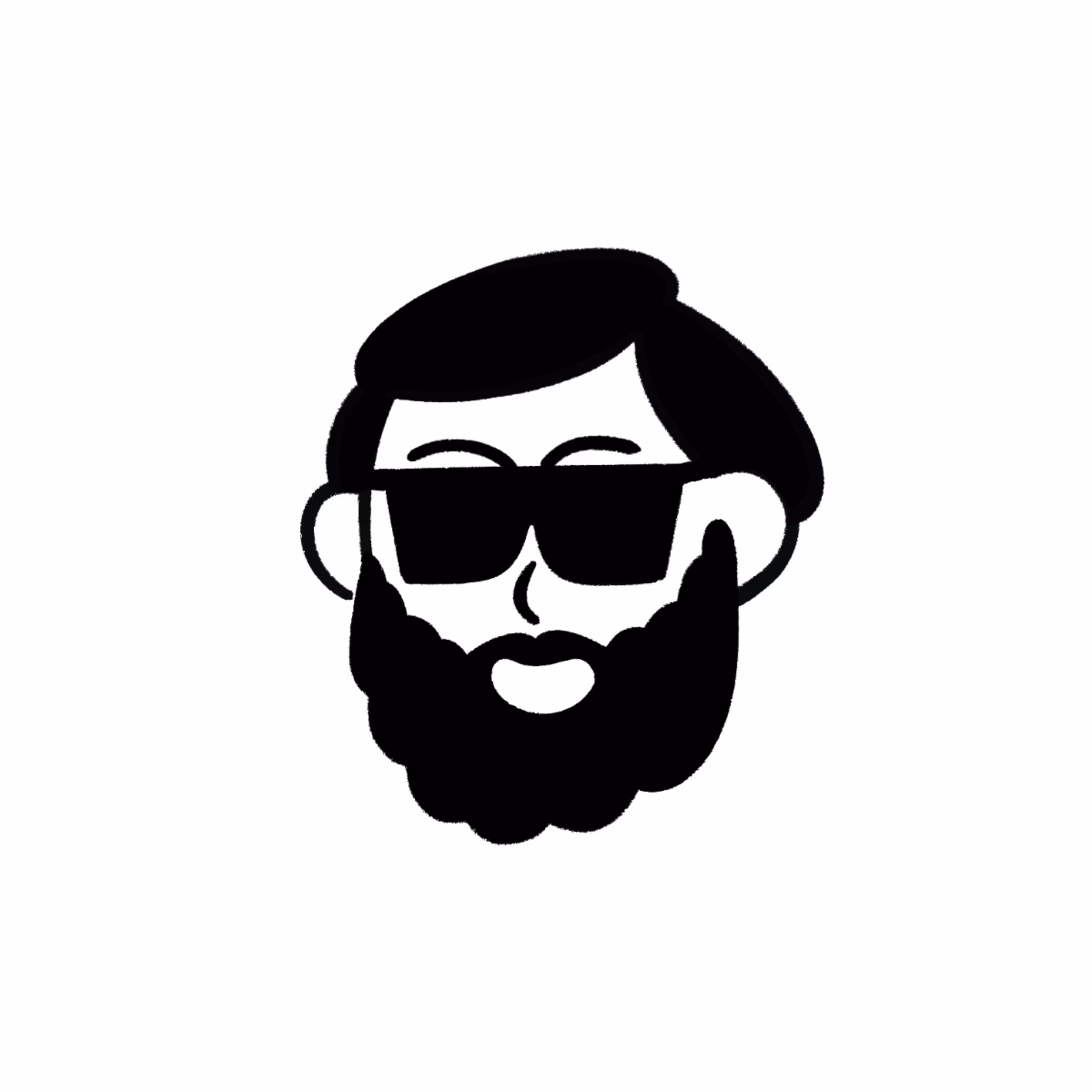 Cartoon face of a man with black hair, full beard, and sunglasses smiling.