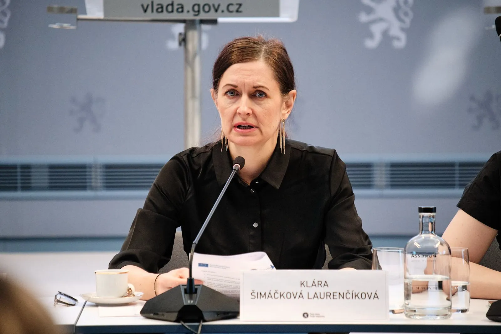 Woman speaking at a conference table with a microphone, papers, and a water bottle nearby.