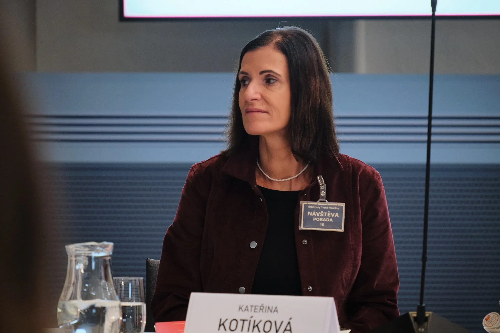 Woman with dark hair wearing a name badge and dark jacket seated at a table with glass pitcher and glass.