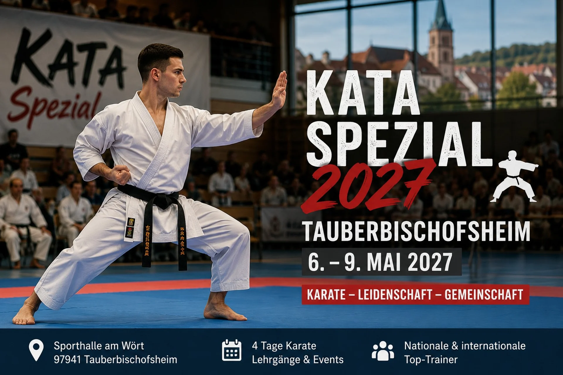 Karateka beim KATA Spezial 2027 in Tauberbischofsheim mit Blick auf die historische Altstadt