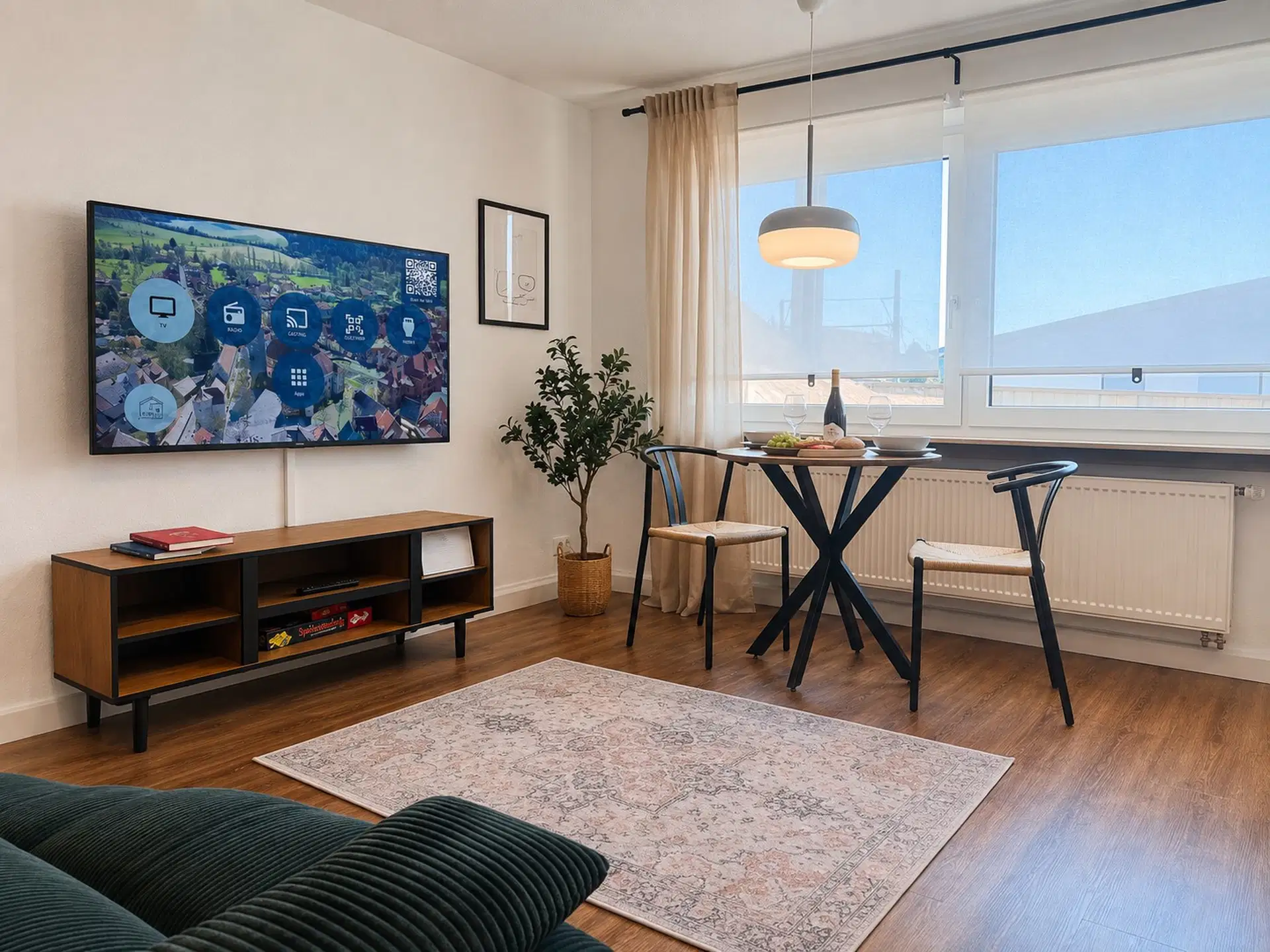 Modernes Wohnzimmer mit großem Smart-TV, gemütlicher Sitzecke und Essbereich für zwei Personen.