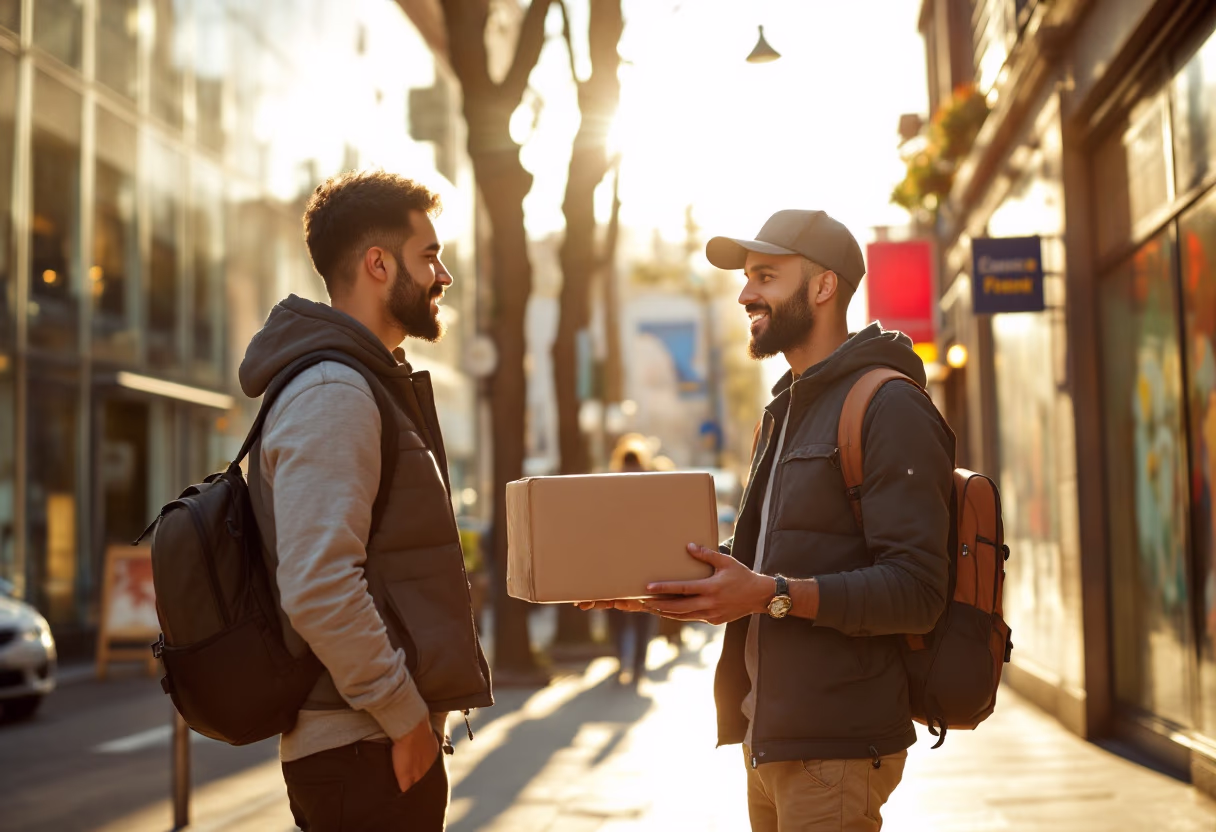 image of customer receiving a delivery in an urban setting