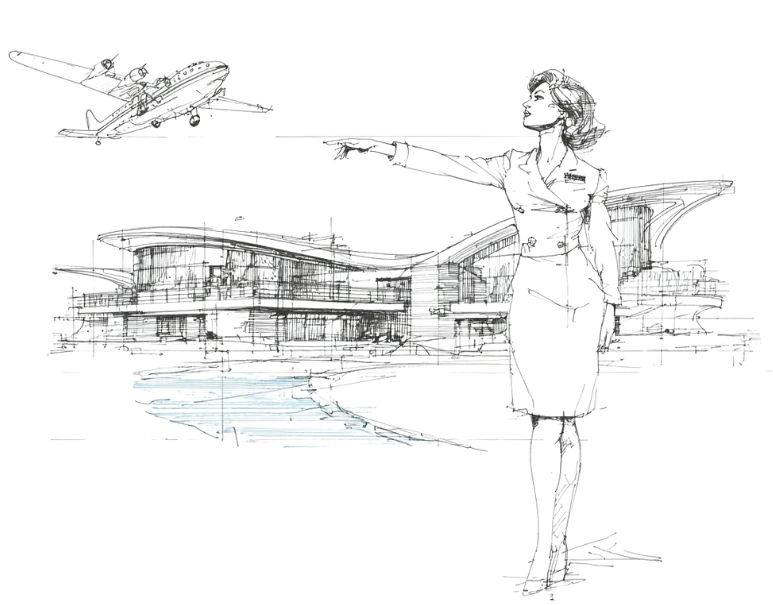 Line art of a stewardess watching aircraft on the runway, Pan Am heritage vignette.