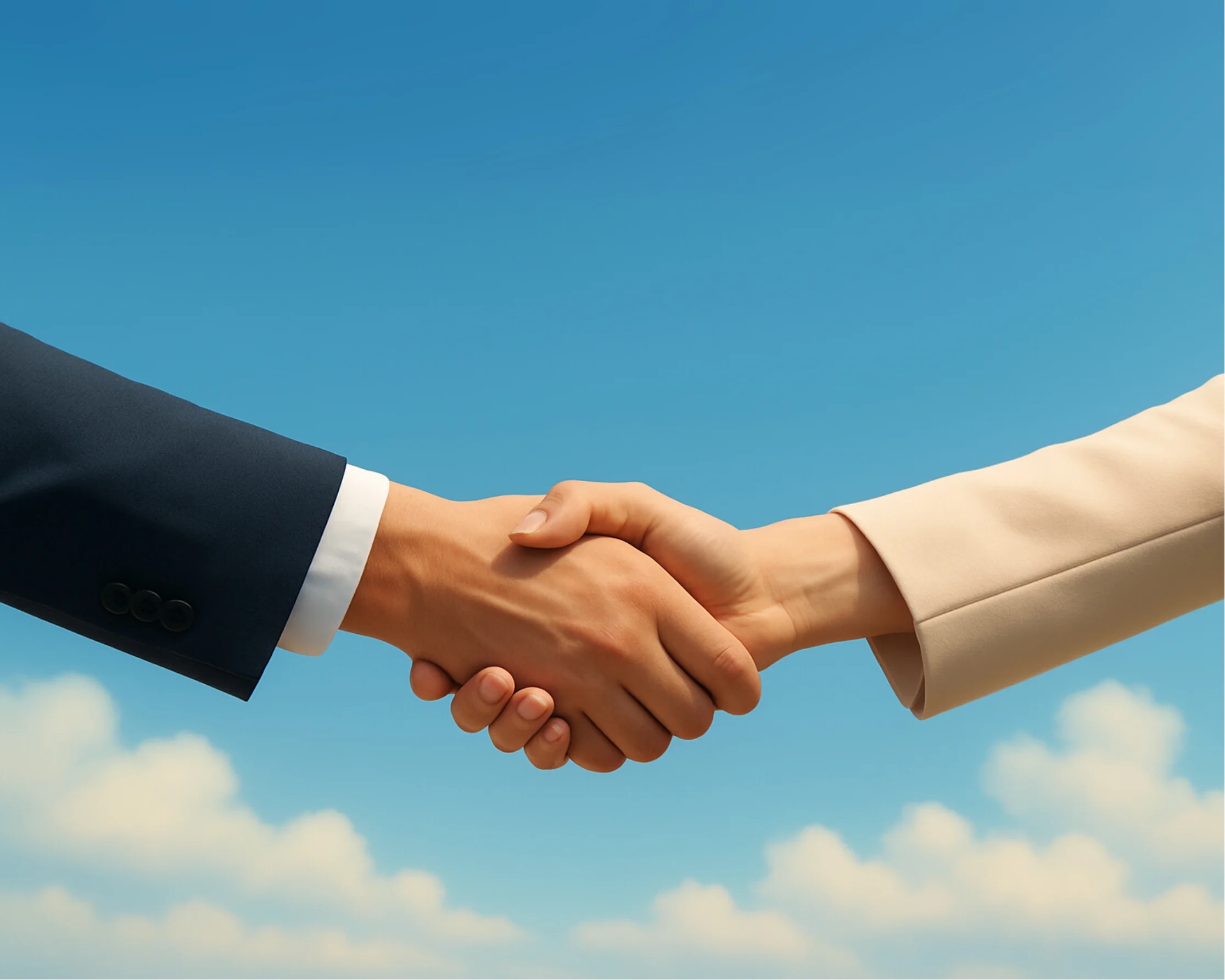 Close-up handshake above a sky of clouds, symbolizing partnership.