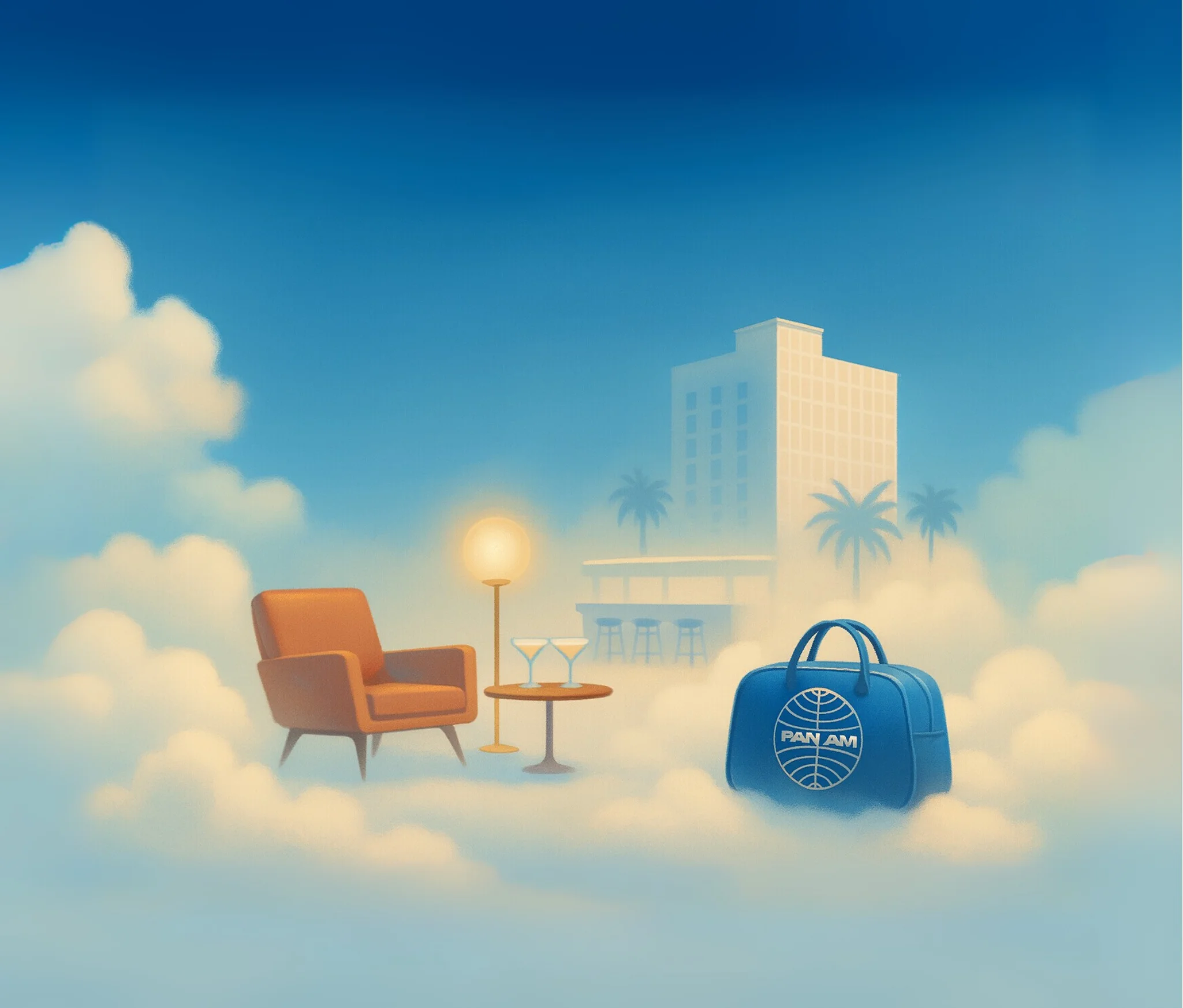 Minimal skyline scene above clouds with travel icons, used as a coming-soon teaser.