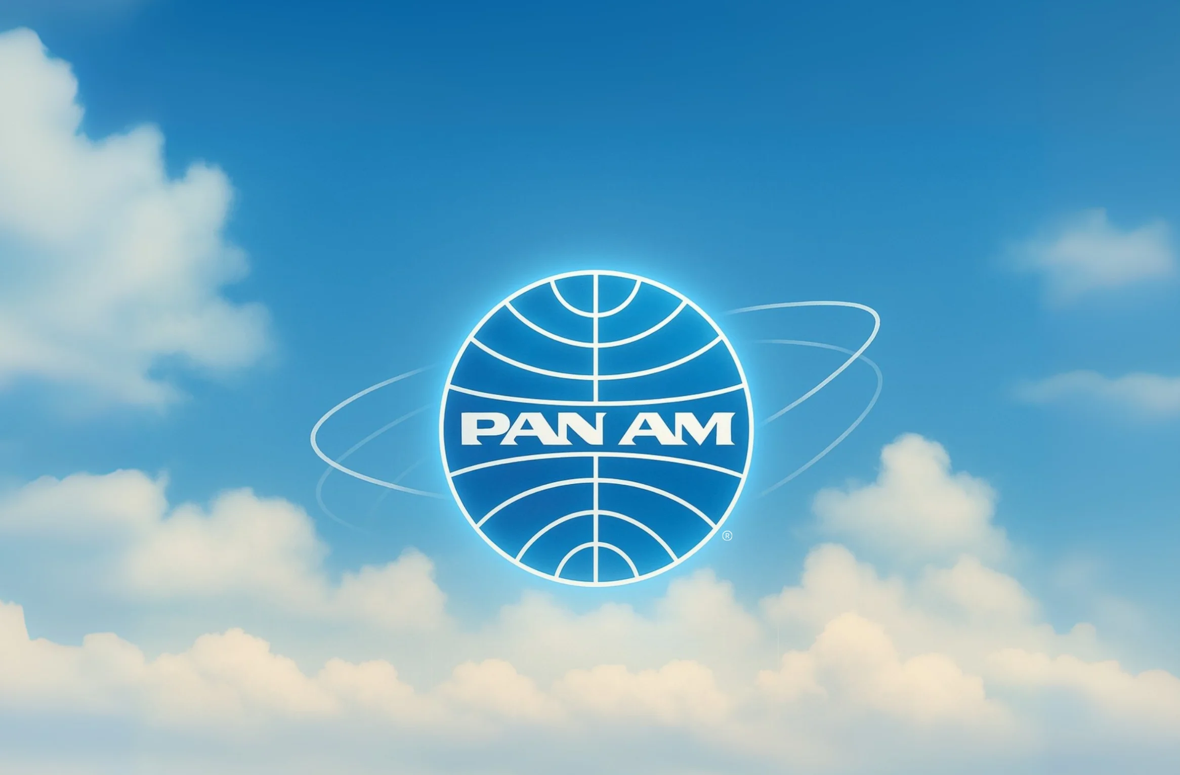 Pan Am globe emblem floating above layered clouds.