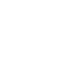 White icon of an airplane parked inside a hangar with a roof and supporting walls.